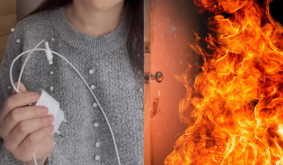 „Nie zostawiajcie ładowarek w kontakcie”, pokazuje przepalony kabel