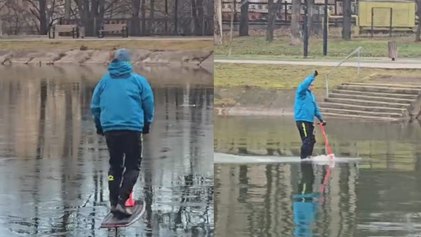 Zima, a gość na jeziorze pływa na czymś takim. Na końcu wprost do wody