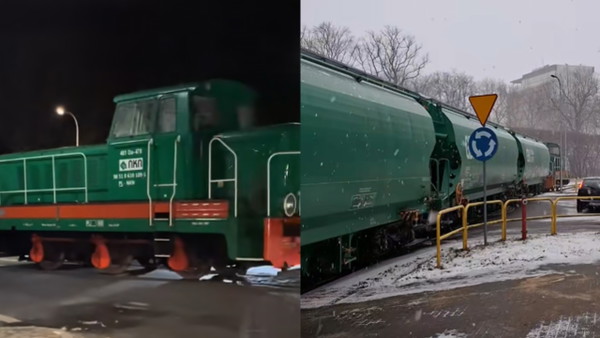 Pociąg jedzie przez rondo. Takie sceny w Polsce
