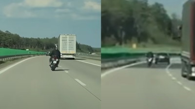 Motocyklista wjechał w tył samochodu na autostradzie A4. Nagranie