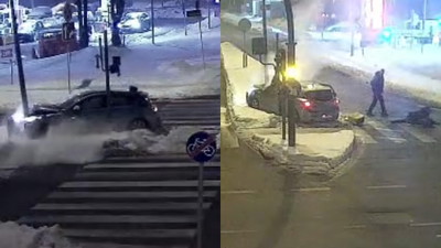 O krok od dramatu w Olsztynie. Pijany duet rozbija się przy przejściu, a obok stoją policjanci