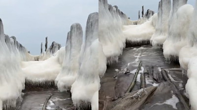 Niesamowite widoki w Kołobrzegu. Plaża zamieniła się w lodową twierdzę