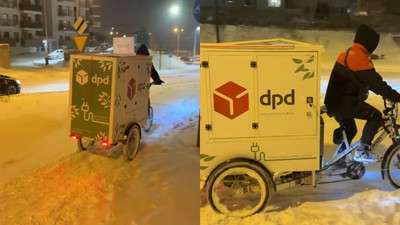 Kurier DPD na rowerze przebija się przez zaspy. Wyjął telefon i zaczął nagrywać
