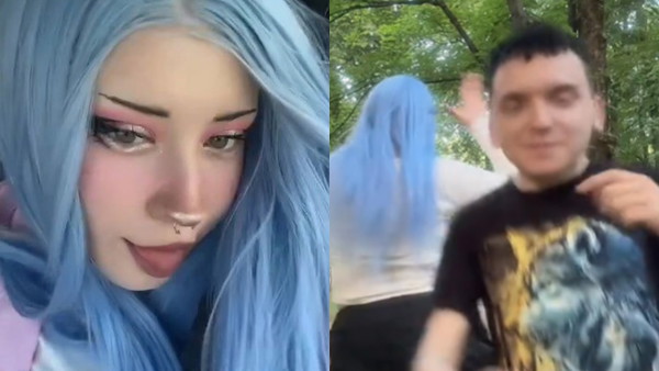 Influencer Mateusz Fischer z dziewczyną, która nagrywa na pomarańczową platformę