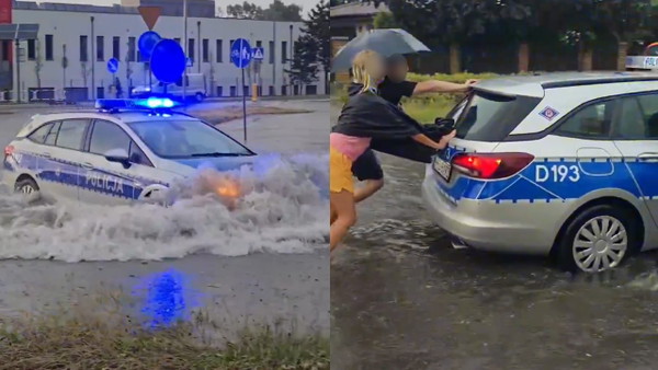 Policja wjechała w wielką wodę. Radiowóz tego nie przetrwał. Jest nagranie