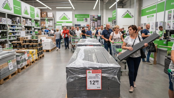 Ludzie stoją w wielkich kolejkach. Leroy Merlin przecenił deski tarasowe kompozytowe