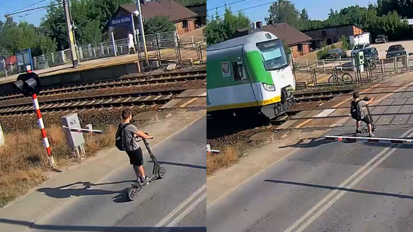 Chłopak na hulajnodze elektrycznej ominął szlabany i omal nie wjechał wprost pod pociąg
