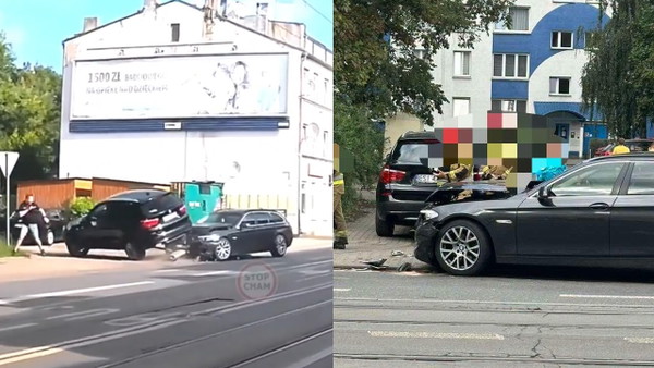 Groźne zderzenie dwóch BMW w Łodzi. Pieszy ledwo zdążył uciec z chodnika