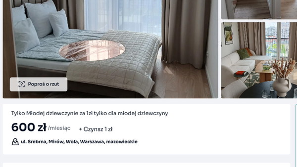 Wynajem 3-pokojowego mieszkania w Warszawie za 1 zł. Musisz tylko być młodą dziewczyną