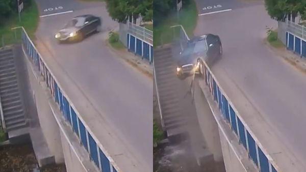 Pijana Ukrainka uderzyła w barierę mostu. Samochód zawisł nad kanałem