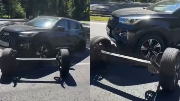 Chiński samochód Chery Tiggo 4 wpadł w studzienkę. Wyrwana cała tylna belka zawieszenia